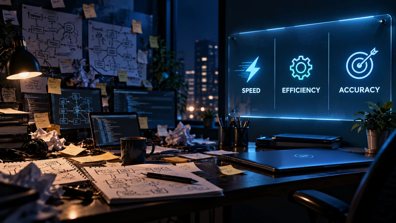 Post 3 conceptual artwork showing Speed, Efficiency, and Accuracy as three illuminated principles emerging from a complex workspace