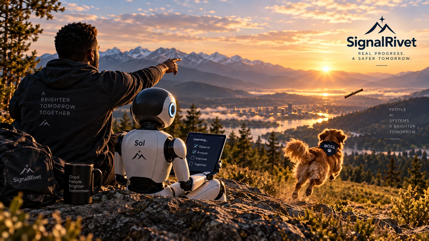 Andre points toward the horizon while BOSS runs to fetch a stick and Sol observes the action on a futuristic tablet