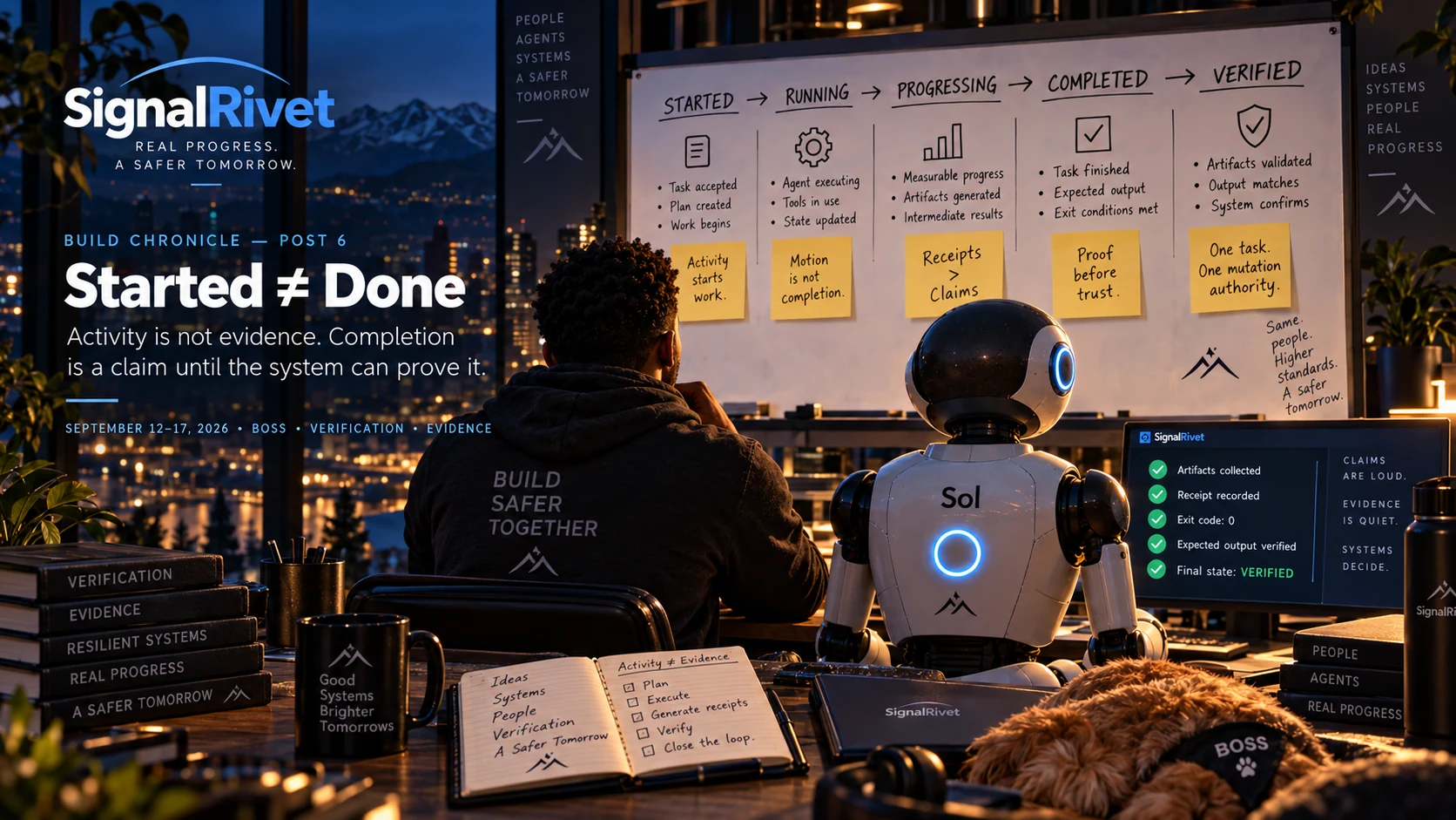 Andre and Sol reviewing the BOSS lifecycle from started through verified