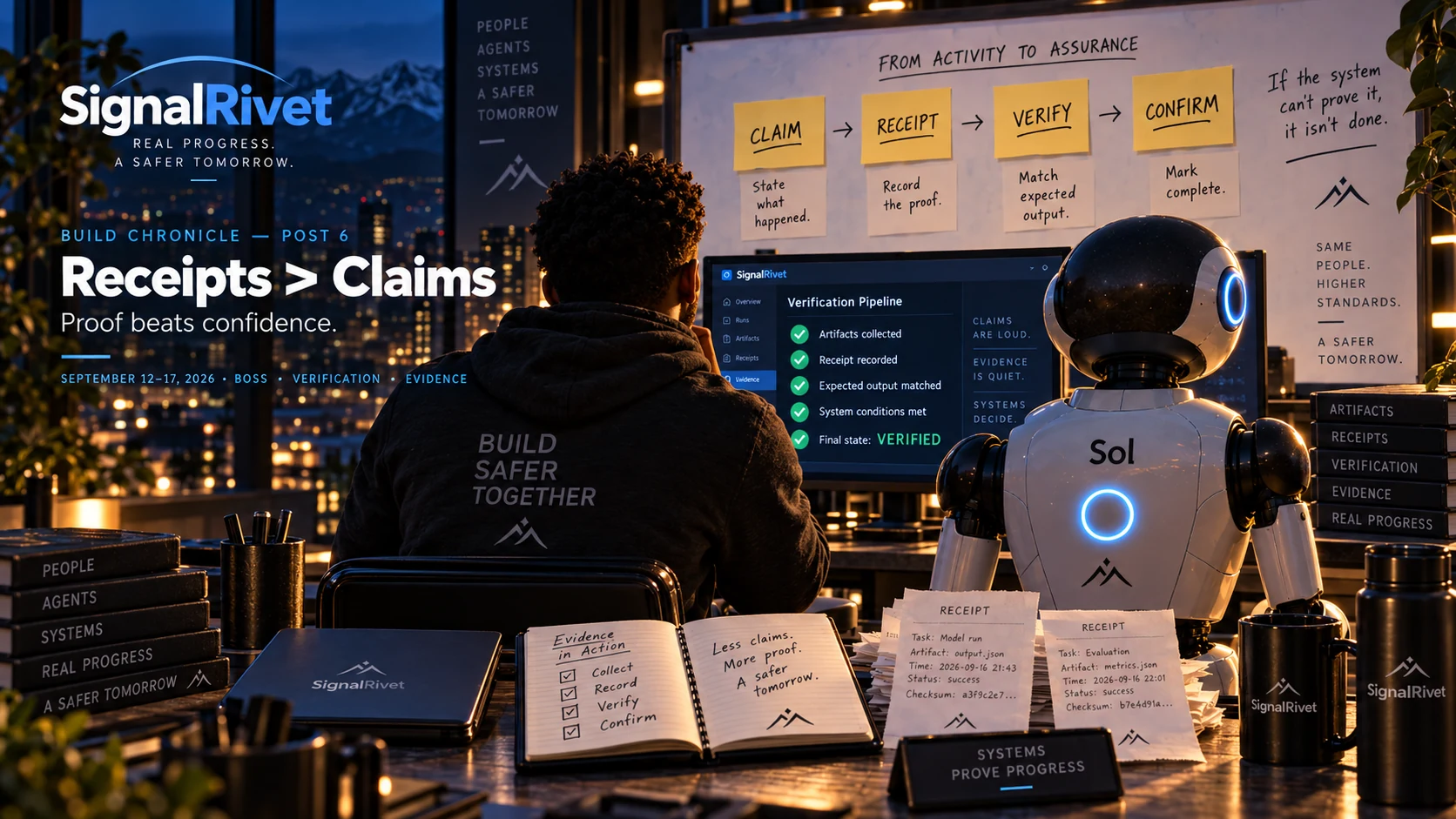 Andre and Sol reviewing receipts and a verification pipeline in the SignalRivet workspace
