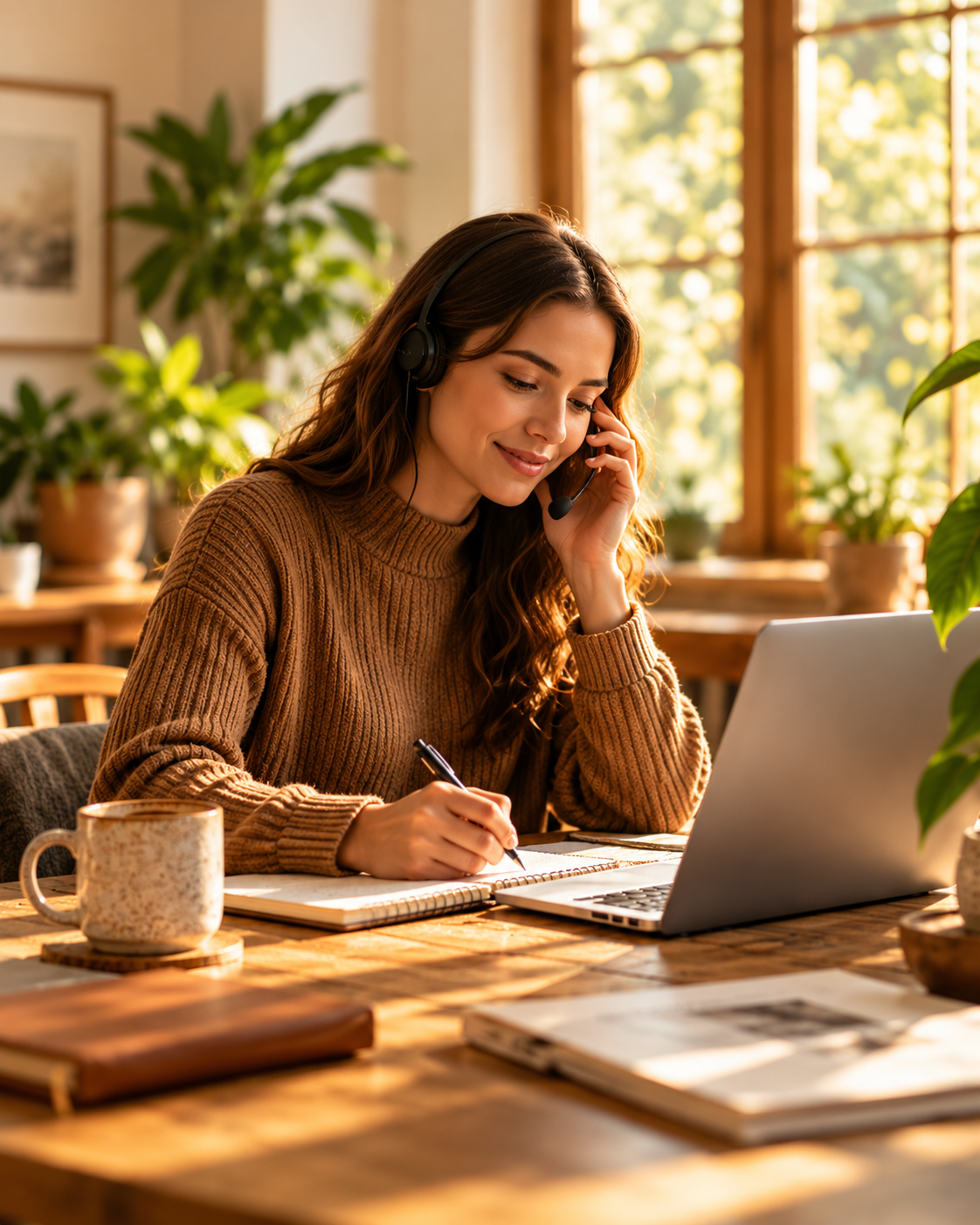 Business professional at a laptop, handling a customer call