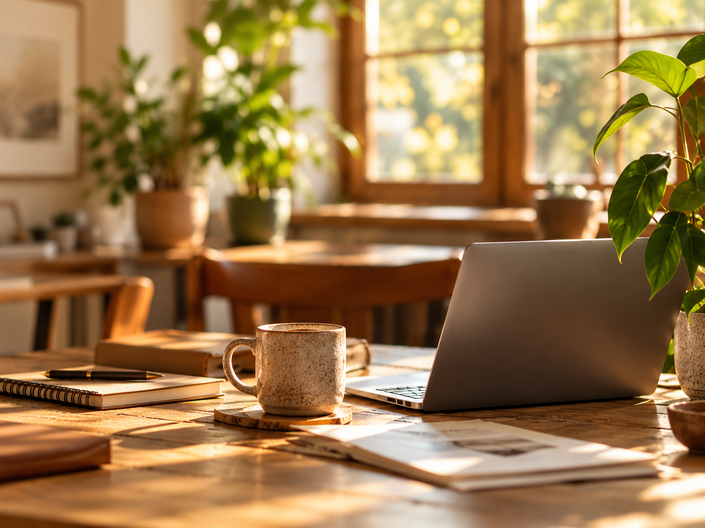 Warm sunlit workspace with a laptop open on a wooden desk