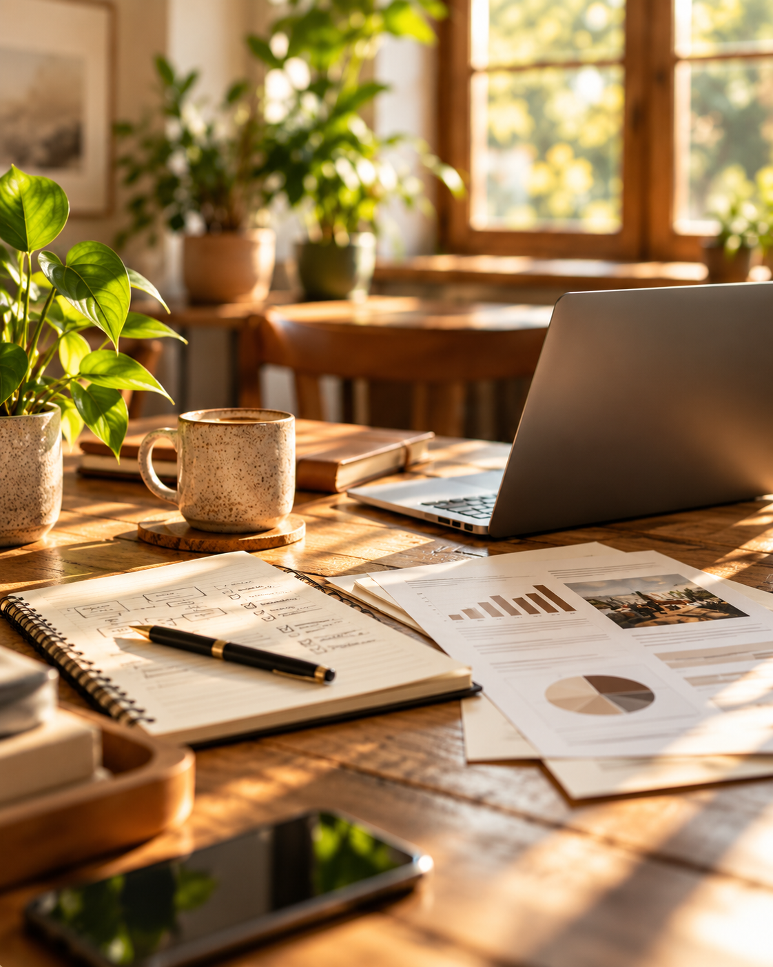 Operational notebook and reports on a sunlit worktable