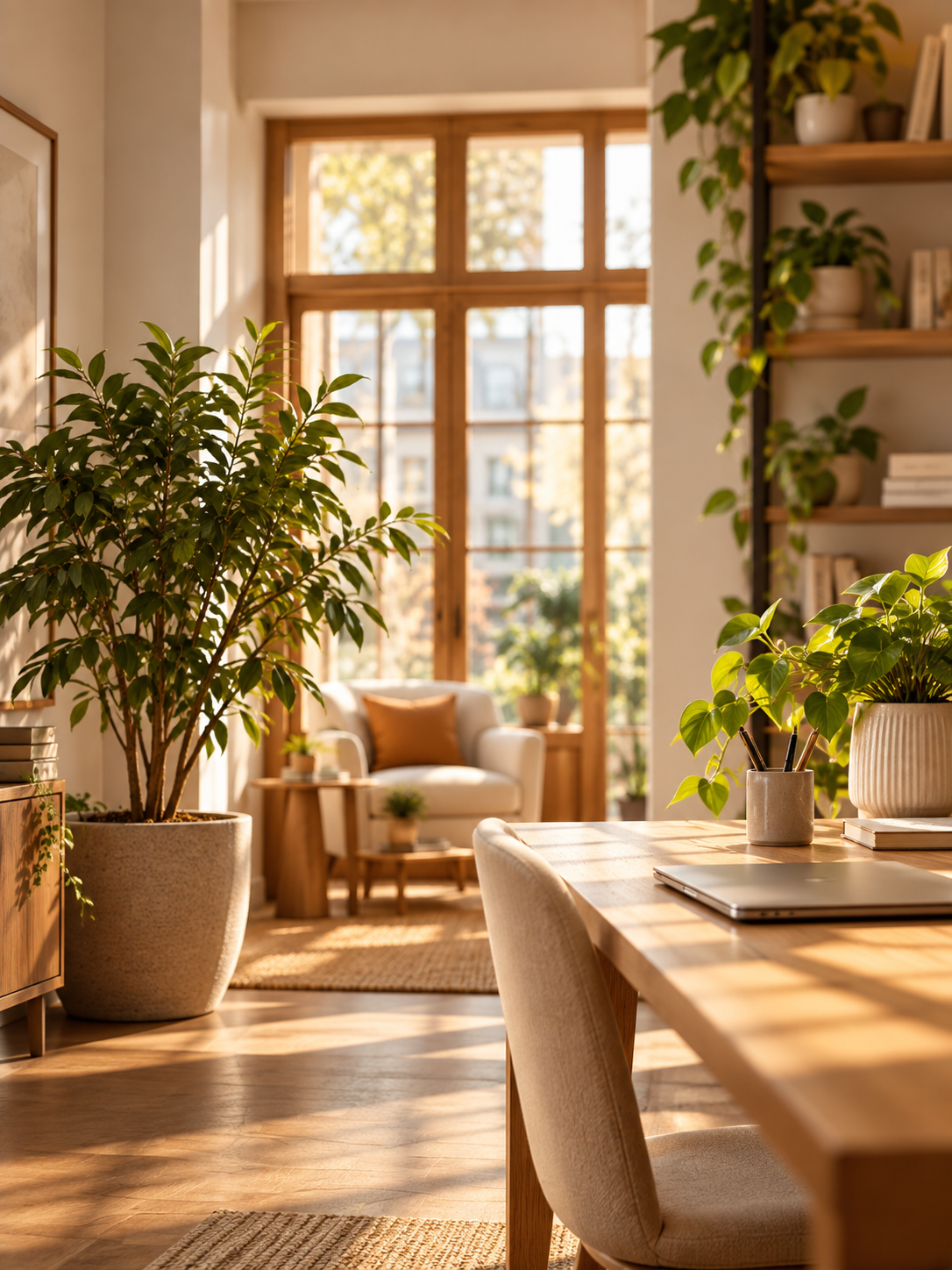Quiet office interior with warm daylight