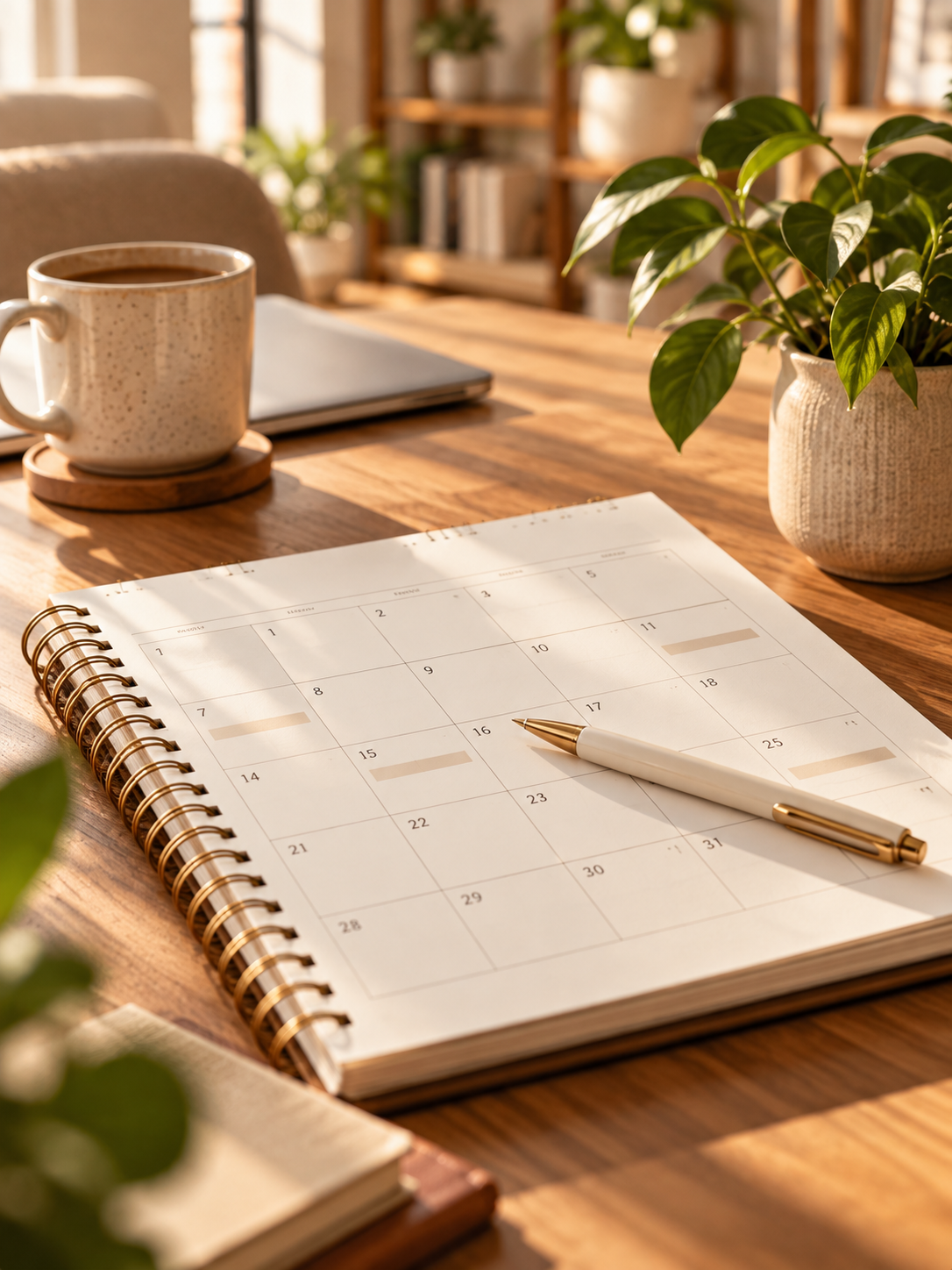 Paper calendar and notes on a wooden desk
